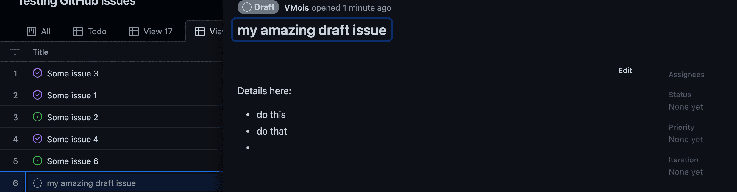 Example of a draft issue in GitHub Projects