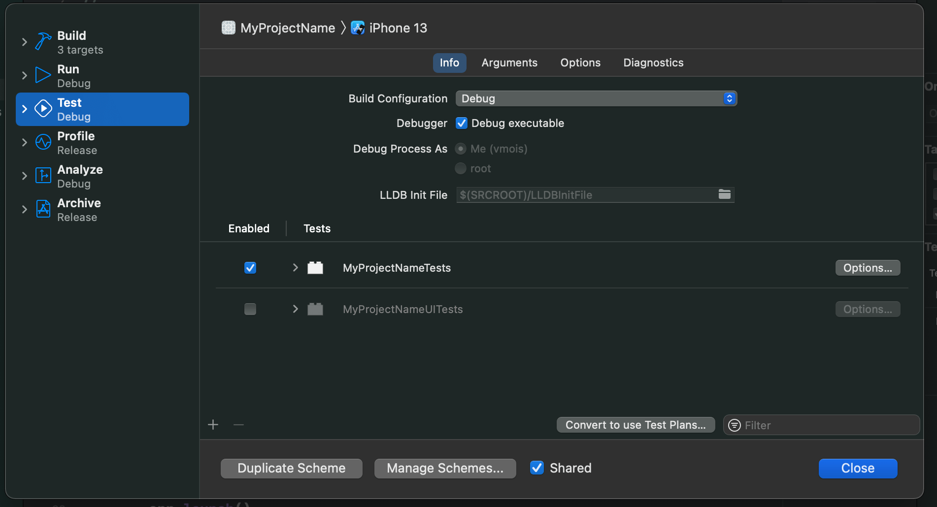 Xcode scheme edit window with disabled UI tests